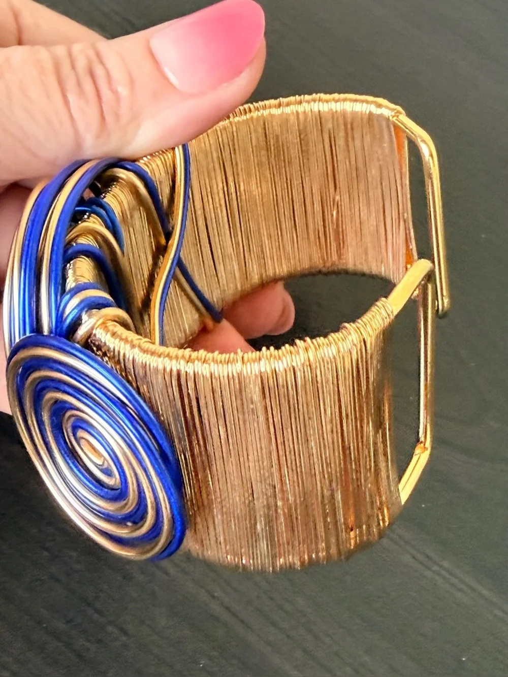 Sparkling Blue and Gold Wire Wrapped Cuff Bracelet